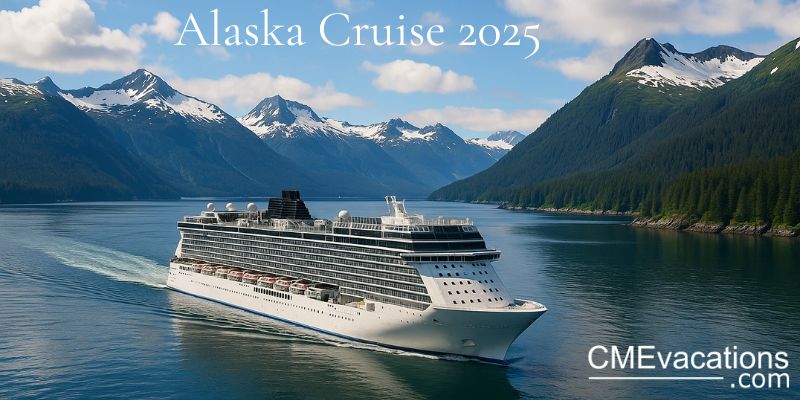 Norwegian Encore-style cruise ship near Alaska's coast during summer, featured for the CME Vacation 2025 Outpatient Medicine Cruise Conference