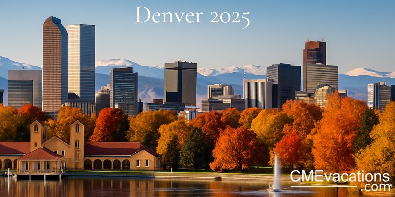 Scenic fall photo of downtown Denver with golden autumn trees and the Rocky Mountains in the background, ideal for a 2025 CME conference
