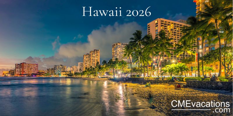 Nighttime view of Waikiki Beach with city lights and palm trees, promoting Hawaii 2026 CME vacation conference