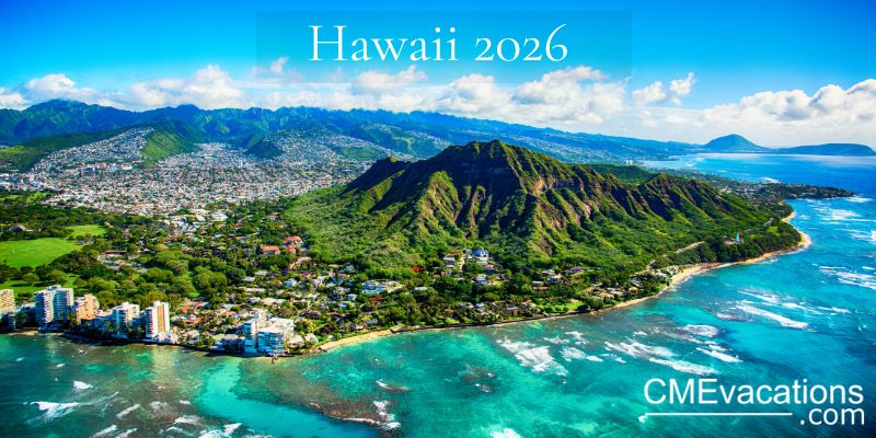 Aerial view of Diamond Head and the Waikiki coastline in Hawaii, with turquoise water and green mountains, promoting the 2026 CME Vacations destination conference