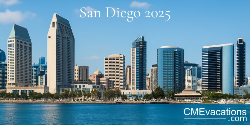 Daytime view of the San Diego skyline with modern high-rises, seen from across the harbor, under a clear blue sky